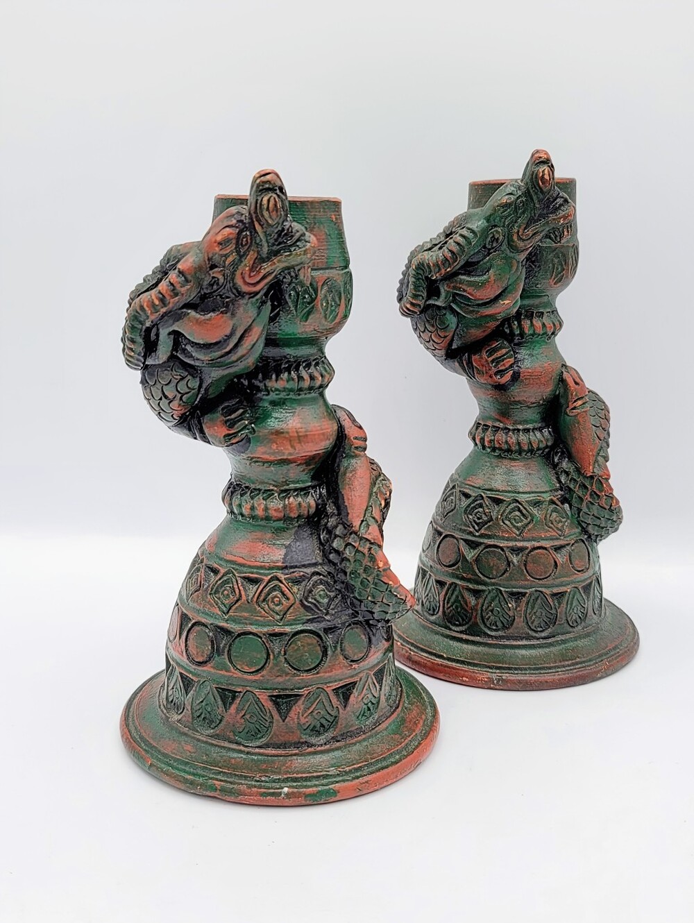 Pair Dragon Taper Candle Holders Clay Antiqued Green Gothic Fantasy Medieval